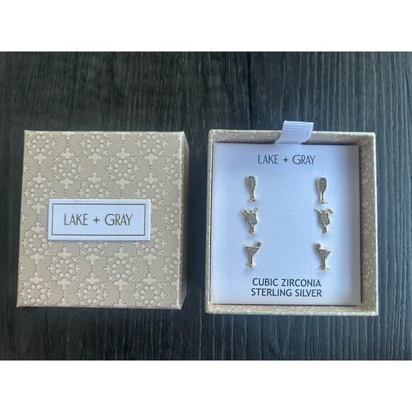 NEW Lake + Gray Sterling Silver Cubic Zirconia Adult Beverage Stud Earring Set - Picture 1 of 3
